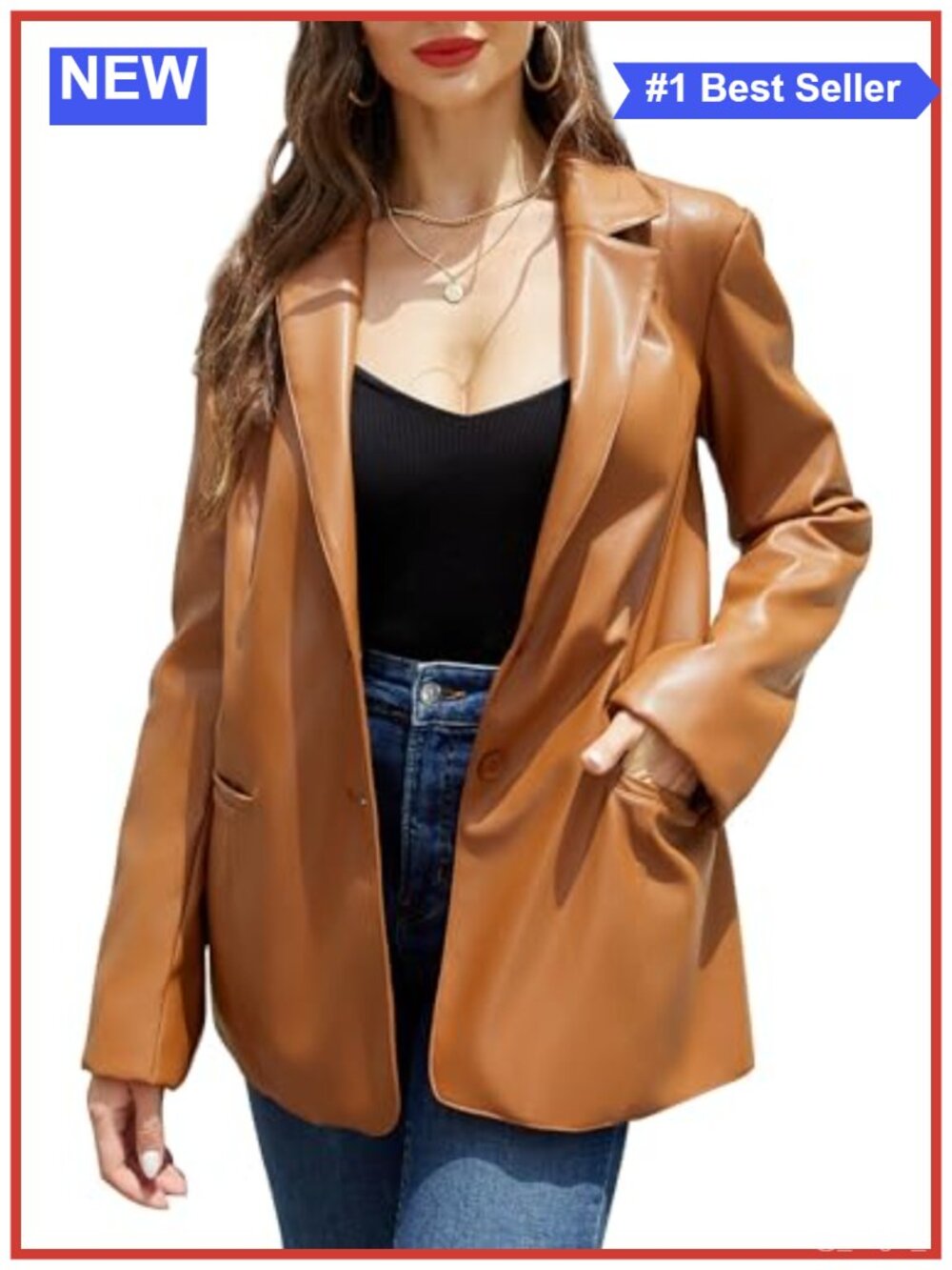 Faux Leather Blazer Jacket Soft PU Coat Notched Lapel Button Down